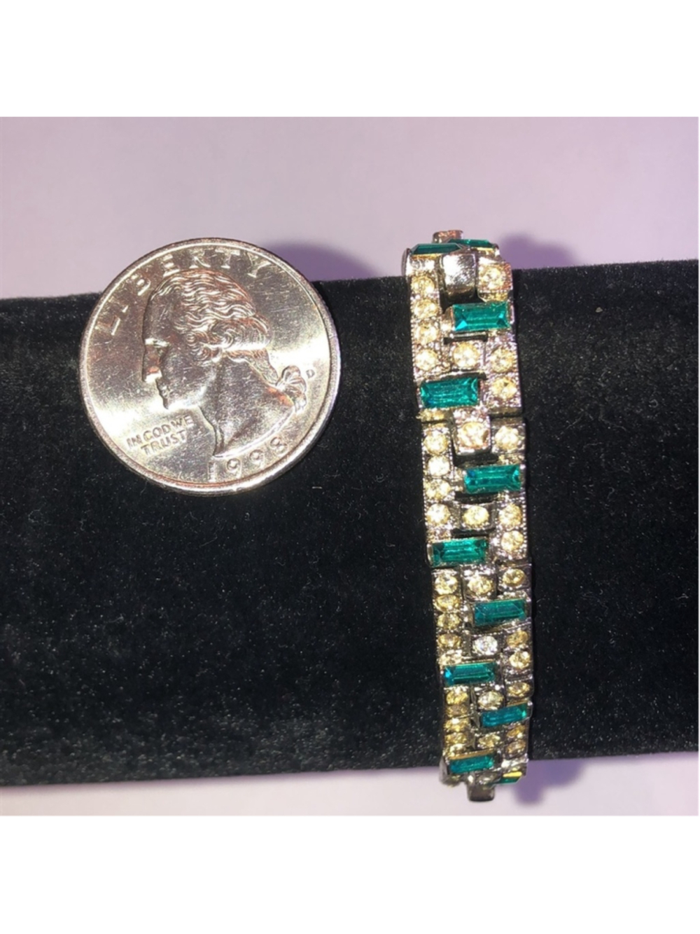 Vintage Silver Tone Green Rhinestone Boho Bracelet - Picture 5 of 8